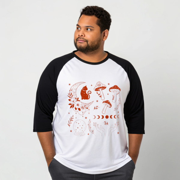 Moon Cat and Mushroom Graphic Baseball Tee Boho Celestial Cat Design Mystical Moon Phases Vintage Inspired Unisex 3/4 Sleeve Shirt Gift Idea