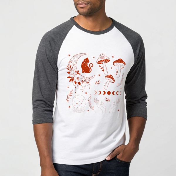 Moon Cat and Mushroom Graphic Baseball Tee Boho Celestial Cat Design Mystical Moon Phases Vintage Inspired Unisex 3/4 Sleeve Shirt Gift Idea
