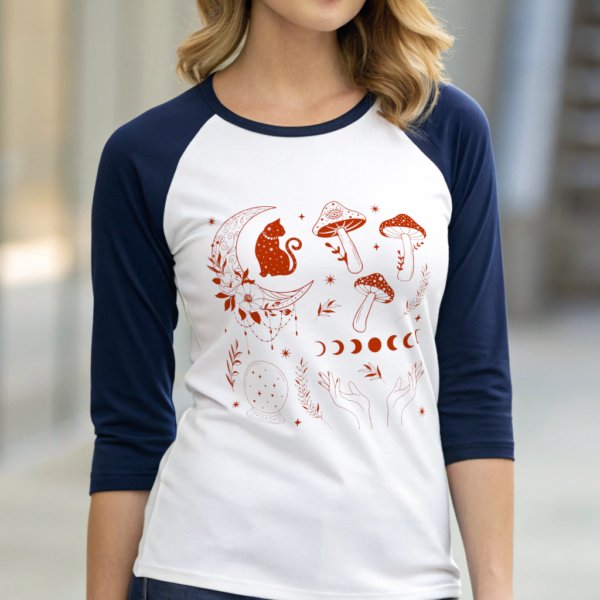 Moon Cat and Mushroom Graphic Baseball Tee Boho Celestial Cat Design Mystical Moon Phases Vintage Inspired Unisex 3/4 Sleeve Shirt Gift Idea