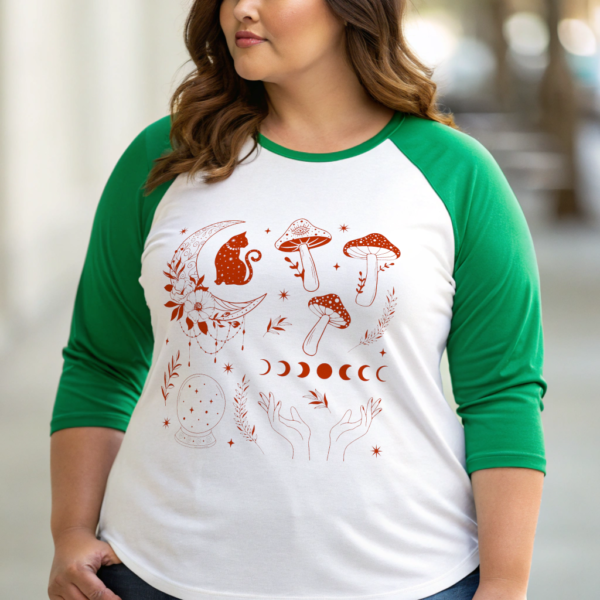 Moon Cat and Mushroom Graphic Baseball Tee Boho Celestial Cat Design Mystical Moon Phases Vintage Inspired Unisex 3/4 Sleeve Shirt Gift Idea
