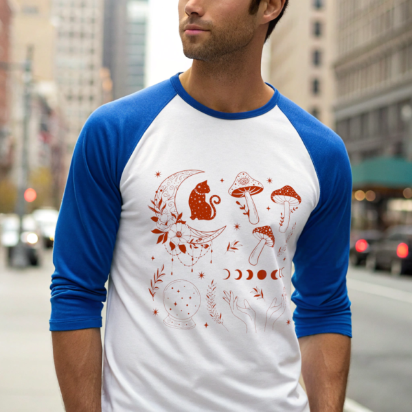 Moon Cat and Mushroom Graphic Baseball Tee Boho Celestial Cat Design Mystical Moon Phases Vintage Inspired Unisex 3/4 Sleeve Shirt Gift Idea