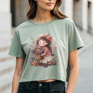 Kawaii Flower Top Graphic Tee Summer Wear Cute Girl Anime Style Floral Print Cotton Clothing Casual Wear Sleeve Design Basket Flower Comfort