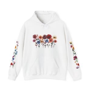 Floral Print Hoodie Vibrant Flower Pattern on Sleeve Botanical Hooded Sweatshirt Stylish Floral Pullover Everyday Comfortable Wear Gift Idea