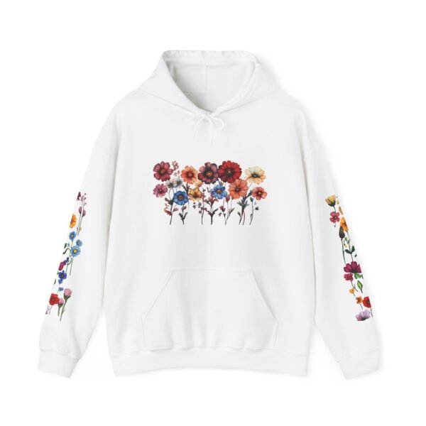 Floral Print Hoodie Vibrant Flower Pattern on Sleeve Botanical Hooded Sweatshirt Stylish Floral Pullover Everyday Comfortable Wear Gift Idea